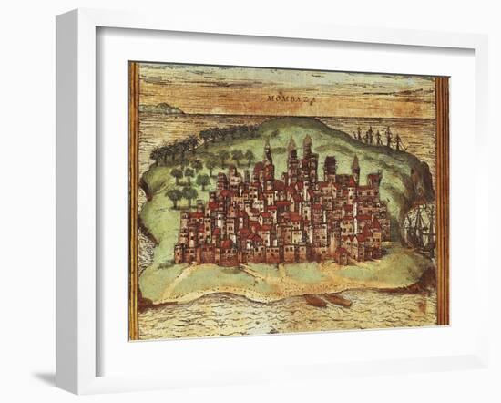 Map of Mombasa, Kenya, from Civitates Orbis Terrarum by Georg Braun and Franz Hogenberg-null-Framed Giclee Print