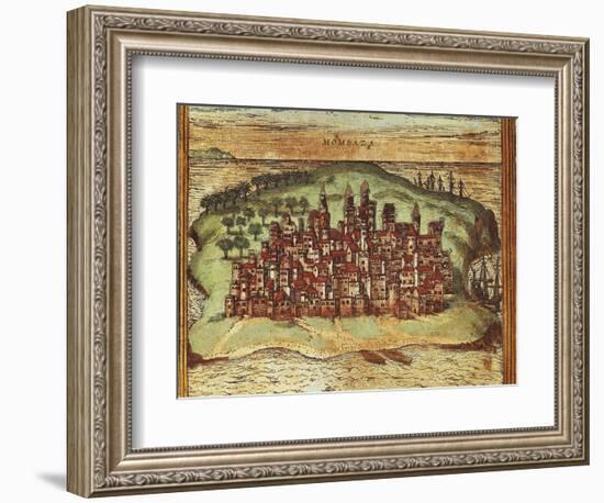 Map of Mombasa, Kenya, from Civitates Orbis Terrarum by Georg Braun and Franz Hogenberg-null-Framed Giclee Print