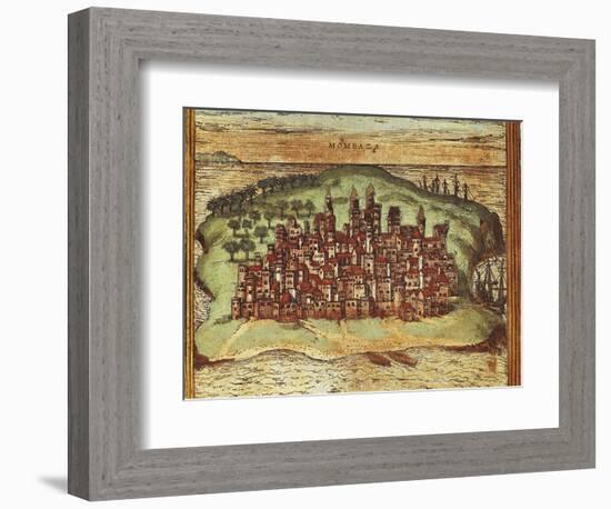 Map of Mombasa, Kenya, from Civitates Orbis Terrarum by Georg Braun and Franz Hogenberg-null-Framed Giclee Print