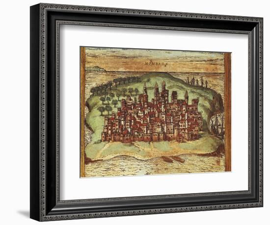 Map of Mombasa, Kenya, from Civitates Orbis Terrarum by Georg Braun and Franz Hogenberg-null-Framed Giclee Print