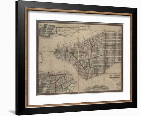 Map of New York City with the adjacent cities of Brooklyn, Jersey City and Williamsburg, 1852-null-Framed Giclee Print