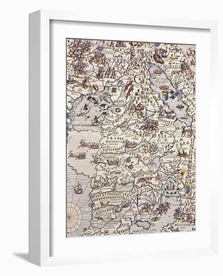 Map of Nordic Countries and Lapland, from Carta Marina, Sea Map, 1539-Olivier Delourme-Framed Giclee Print