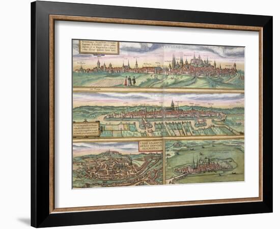 Map of Nurenburg, Ulm, and Saltzburg, from "Civitates Orbis Terrarum" by Braun and Hogenberg, 1572-Joris Hoefnagel-Framed Giclee Print