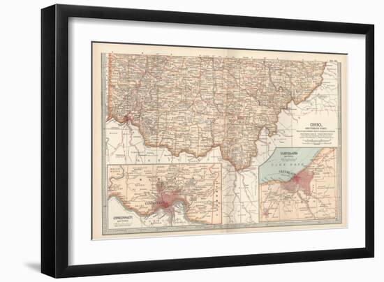 Map of Ohio, Southern Part. United States. Inset Maps of Cincinnati and Cleveland-Encyclopaedia Britannica-Framed Art Print