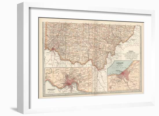 Map of Ohio, Southern Part. United States. Inset Maps of Cincinnati and Cleveland-Encyclopaedia Britannica-Framed Art Print