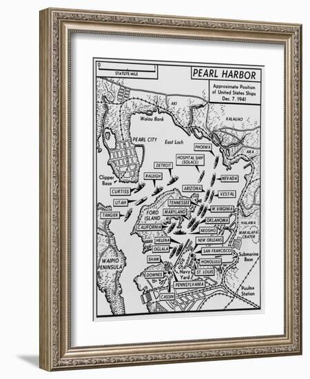 Map of Pearl Harbor with Location of Ships Just Prior to the Japanese Attack on Dec. 7, 1941-null-Framed Art Print