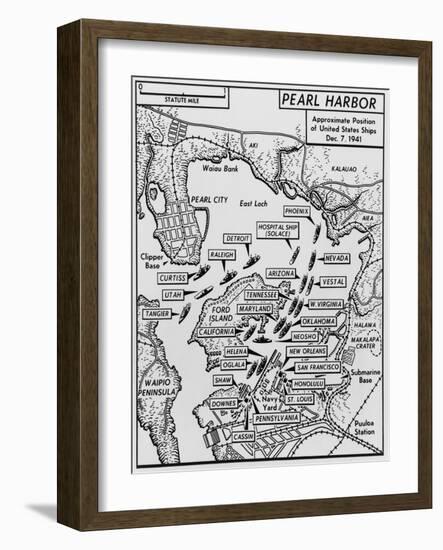 Map of Pearl Harbor with Location of Ships Just Prior to the Japanese Attack on Dec. 7, 1941-null-Framed Art Print