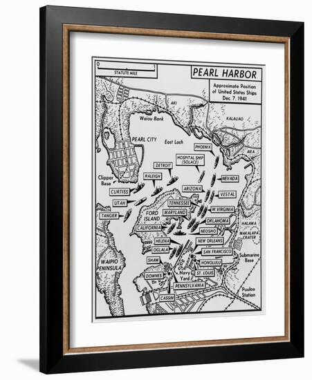 Map of Pearl Harbor with Location of Ships Just Prior to the Japanese Attack on Dec. 7, 1941-null-Framed Art Print