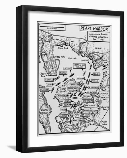 Map of Pearl Harbor with Location of Ships Just Prior to the Japanese Attack on Dec. 7, 1941-null-Framed Art Print