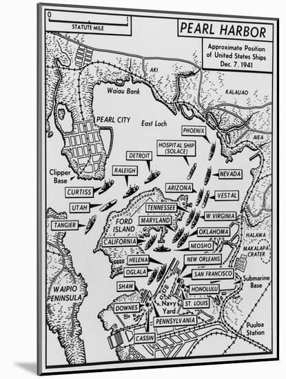Map of Pearl Harbor with Location of Ships Just Prior to the Japanese Attack on Dec. 7, 1941-null-Mounted Art Print
