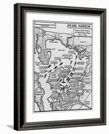 Map of Pearl Harbor with Location of Ships Just Prior to the Japanese Attack on Dec. 7, 1941-null-Framed Art Print