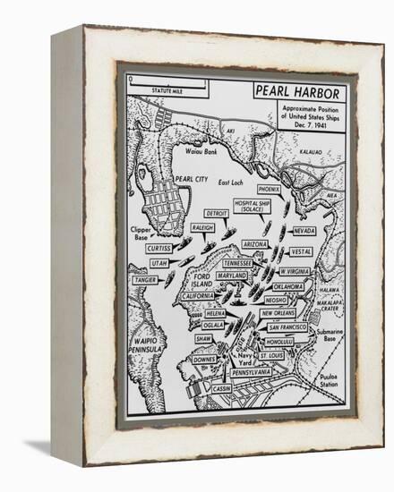 Map of Pearl Harbor with Location of Ships Just Prior to the Japanese Attack on Dec. 7, 1941-null-Framed Stretched Canvas