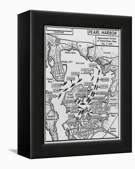 Map of Pearl Harbor with Location of Ships Just Prior to the Japanese Attack on Dec. 7, 1941-null-Framed Stretched Canvas