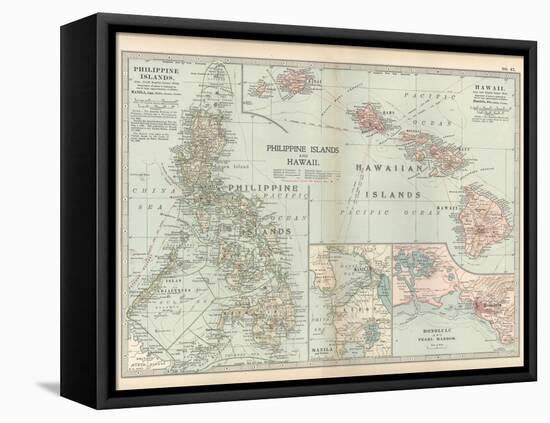 Map of Philippine Islands and Hawaii. Insets of Manila and Vicinity and Honolulu and Pearl Harbor-Encyclopaedia Britannica-Framed Stretched Canvas