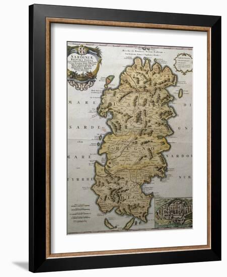 Map of Sardinia with City Map for Cagliari in Bottom Right Corner, Italy-null-Framed Giclee Print