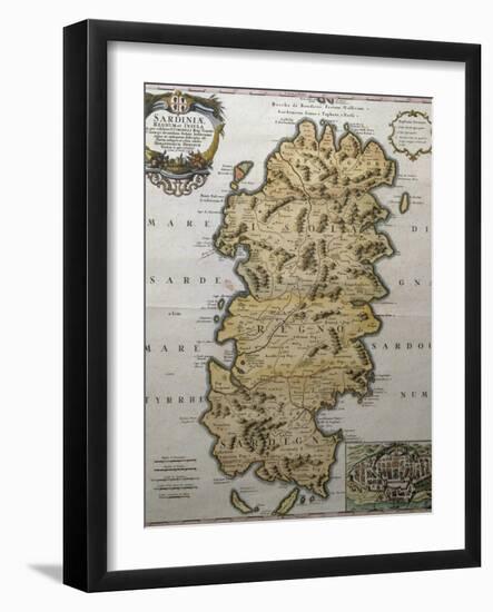 Map of Sardinia with City Map for Cagliari in Bottom Right Corner, Italy-null-Framed Giclee Print