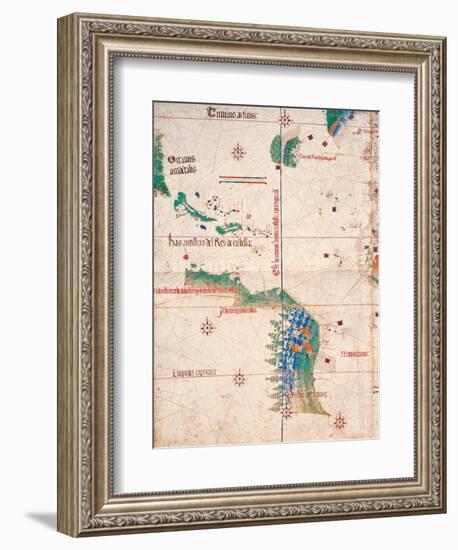 Map of South America and the Coastline of Brazil with parrots, 1502, Estense Library,Modena, Italy-null-Framed Art Print