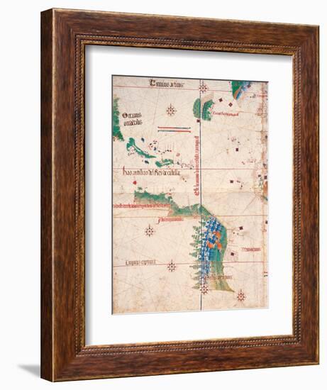 Map of South America and the Coastline of Brazil with parrots, 1502, Estense Library,Modena, Italy-null-Framed Art Print