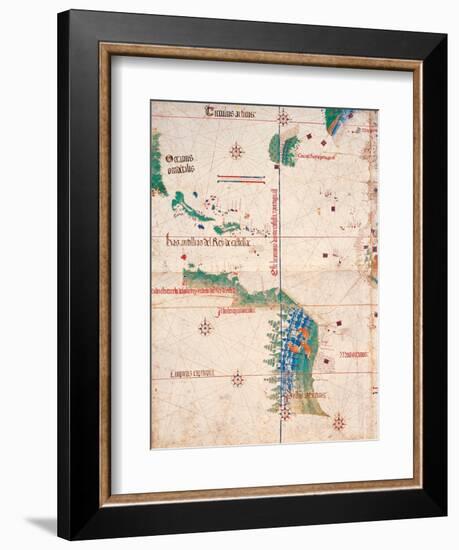 Map of South America and the Coastline of Brazil with parrots, 1502, Estense Library,Modena, Italy-null-Framed Art Print