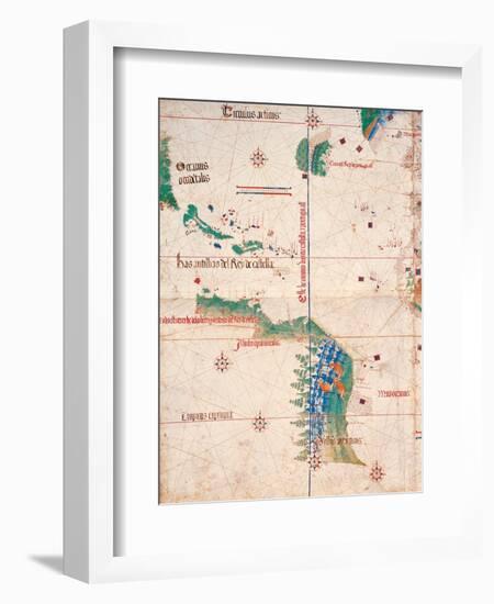 Map of South America and the Coastline of Brazil with parrots, 1502, Estense Library,Modena, Italy-null-Framed Art Print
