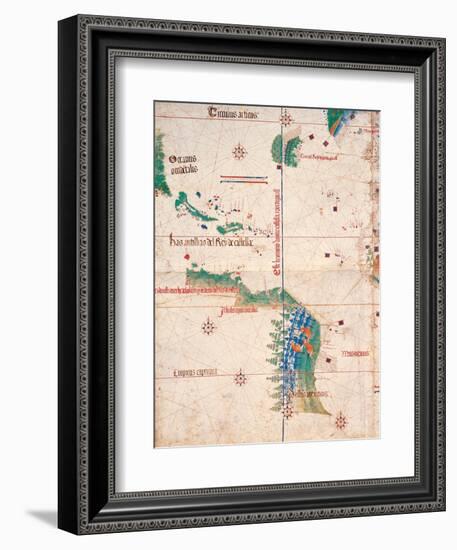 Map of South America and the Coastline of Brazil with parrots, 1502, Estense Library,Modena, Italy-null-Framed Art Print