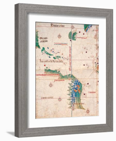 Map of South America and the Coastline of Brazil with parrots, 1502, Estense Library,Modena, Italy-null-Framed Art Print