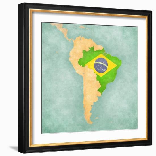 Map Of South America - Brazil (Vintage Series)-Tindo-Framed Art Print