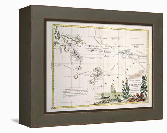 Map of South Seas, New Zealand, New Guinea, New South Wales, Society Islands-null-Framed Premier Image Canvas