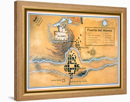 Map of the Alamo Area in San Antonio Based on Santa Anna's Original Battlefield Map, 1836-null-Framed Premier Image Canvas