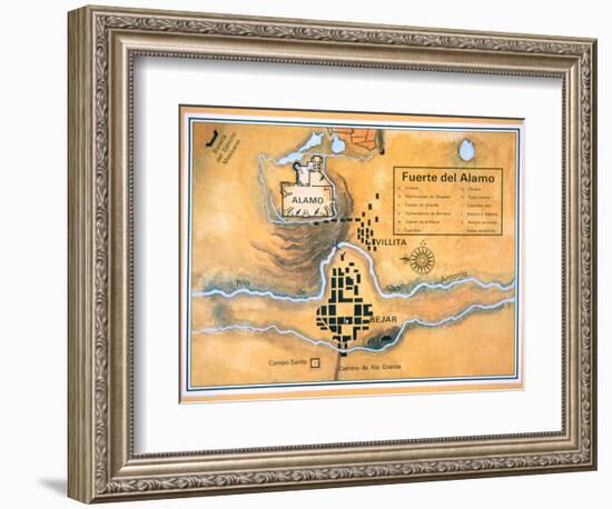 Map of the Alamo Area in San Antonio Based on Santa Anna's Original Battlefield Map, 1836-null-Framed Giclee Print