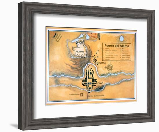 Map of the Alamo Area in San Antonio Based on Santa Anna's Original Battlefield Map, 1836-null-Framed Giclee Print