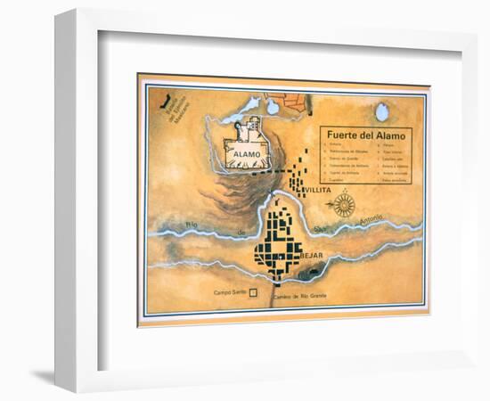 Map of the Alamo Area in San Antonio Based on Santa Anna's Original Battlefield Map, 1836-null-Framed Giclee Print