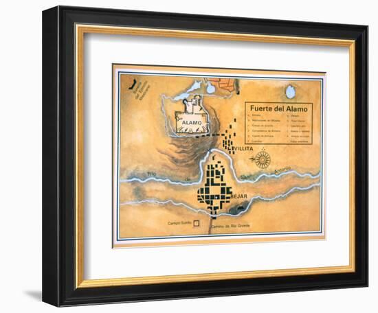 Map of the Alamo Area in San Antonio Based on Santa Anna's Original Battlefield Map, 1836-null-Framed Giclee Print