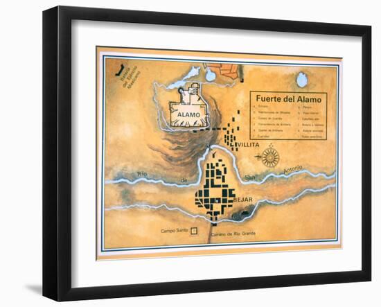 Map of the Alamo Area in San Antonio Based on Santa Anna's Original Battlefield Map, 1836-null-Framed Giclee Print