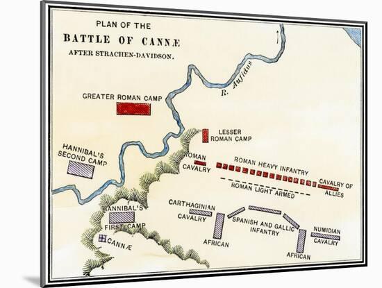 Map of the Battle of Cannae, in Which Hannibal Defeated the Romans During the Second Punic War-null-Mounted Giclee Print