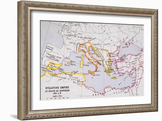 Map of the Byzantine Empire at Death of Emperor Justinian I (463-565) from 'A Literary and…-English School-Framed Giclee Print