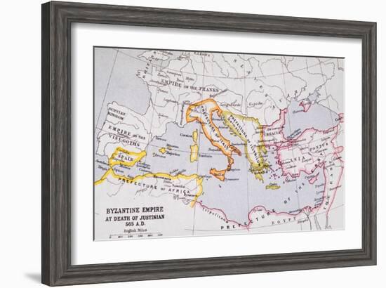 Map of the Byzantine Empire at Death of Emperor Justinian I (463-565) from 'A Literary and…-English School-Framed Giclee Print