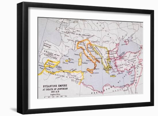 Map of the Byzantine Empire at Death of Emperor Justinian I (463-565) from 'A Literary and…-English School-Framed Giclee Print