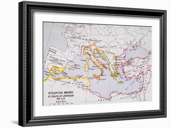 Map of the Byzantine Empire at Death of Emperor Justinian I (463-565) from 'A Literary and…-English School-Framed Giclee Print