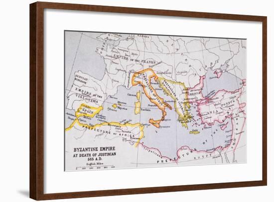 Map of the Byzantine Empire at Death of Emperor Justinian I (463-565) from 'A Literary and…-English School-Framed Giclee Print