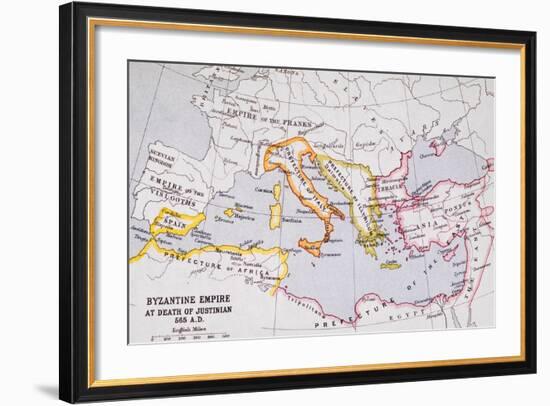 Map of the Byzantine Empire at Death of Emperor Justinian I (463-565) from 'A Literary and…-English School-Framed Giclee Print