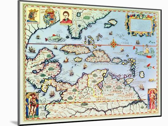 Map of the Caribbean Islands and the American State of Florida-Theodor de Bry-Mounted Giclee Print