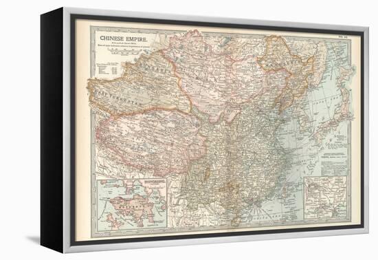 Map of the Chinese Empire (China). Insets of Hong Kong (British), and Peking (Beijing)-Encyclopaedia Britannica-Framed Stretched Canvas