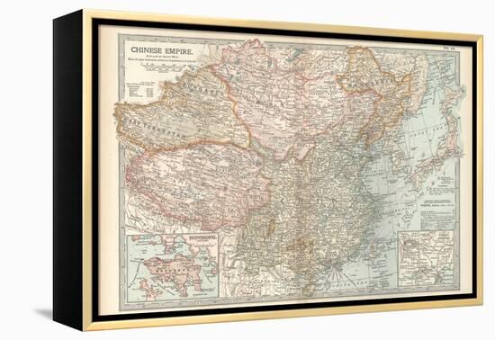 Map of the Chinese Empire (China). Insets of Hong Kong (British), and Peking (Beijing)-Encyclopaedia Britannica-Framed Stretched Canvas