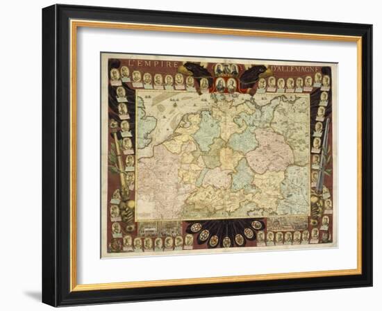 Map of the German Empire with Portraits of the Holy Roman Emperors, Published by Louis-Charles…-Nicolas De Fer-Framed Giclee Print