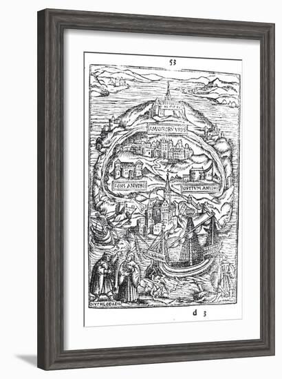 Map of the Island of Utopia, Book Frontispiece, 1563--Framed Giclee Print