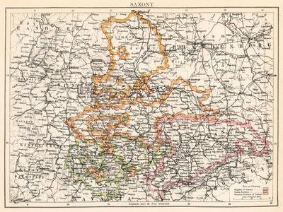 'Map of the Kingdom of Saxony (Germany) with Silesia, Boheme and Baviere, circa 1870. 19Th ...