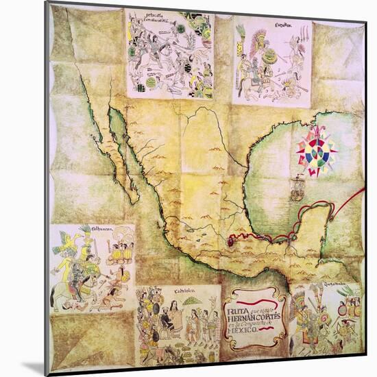 Map of the Route Followed by Hernando Cortes During the Conquest of Mexico-null-Mounted Giclee Print