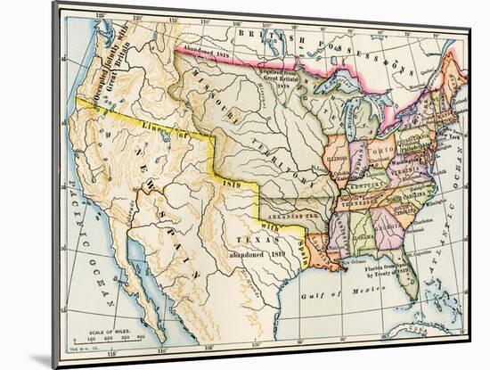 Map of the United States in 1819, Showing Territory under Spanish and British Control-null-Mounted Giclee Print