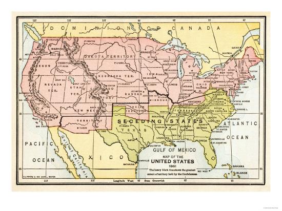Map of the United States in 1861, at the Start of the Civil War Giclee